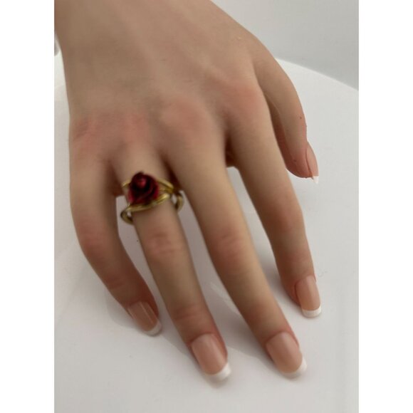 Women's Beautiful Gold Tone Red Rose Flower Ring - Picture 8 of 15